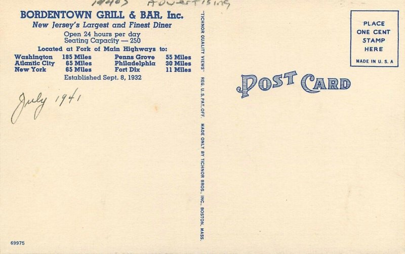 Postcard New Jersey Bordentown Grill Bar Advertising 1940s Teich linen 23- 1918 