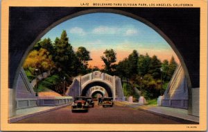 USA Boulevard Thru Elysian Park Los Angeles California Linen Postcard 09.93