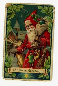 c1912 Christmas Greetings Santa Stars Deer Postcard Dresden Bag Toys Holly 