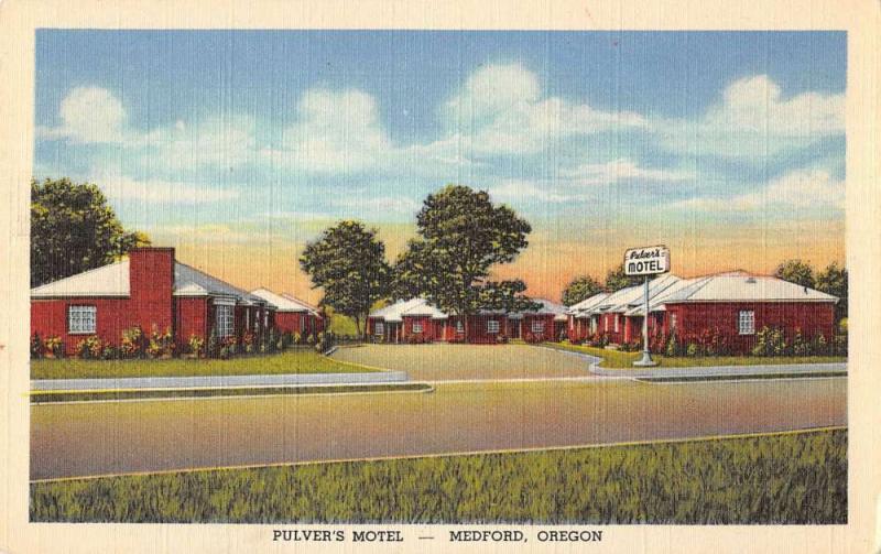 Medford Oregon birds eye view Pulvers Motel entrance linen antique pc Y14720