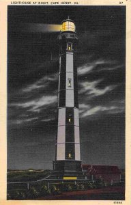 Lighthouse At Night Cape Henry Virginia 1940s linen postcard