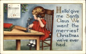 Christmas Little Girl on Old Telephone with Santa c1910 Vintage Postcard