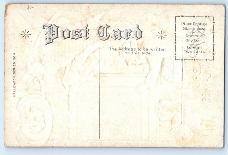 c1910s Halloween Children Prank With Spider On String Witch JOL Owl Cat Postcard