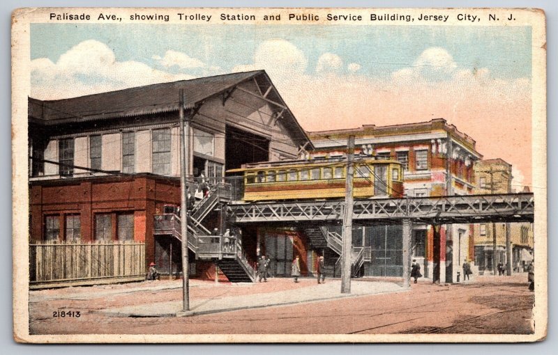 Jersey City NJ~Palisade Avenue Trolley Station~Elevated Railway Street Car~1920