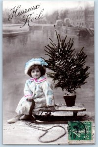 Christmas Postcard RPPC Photo Little Girl With Rope Winter Scene c1910's Antique