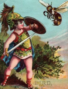 1880's C. W. Bird Fantasy Roman Soldier Bee Insect Hardware Trade Card F102