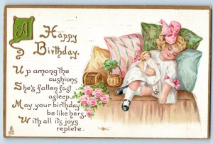 Jamestown NY Postcard Birthday Little Girl With Doll Flowers Embossed Tuck 1915