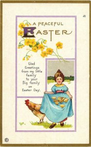 VINTAGE POSTCARD A PEACEFUL EASTER CHICKEN & CHICKS W/ GIRL