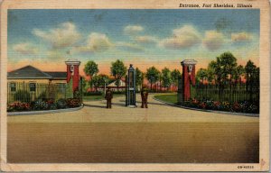 Vtg 1940s Fort Sheridan Entrance Gate Guard Army Base Illinois IL Linen Postcard