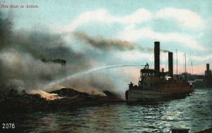 Vintage Postcard 1908 Fire Boat In Action Watercraft Firefighting Equipment