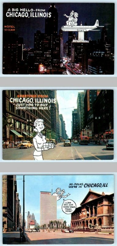 3 Postcards CHICAGO, Illinois IL ~ Comic Greetings SKYLINE, Street Scenes 1950s