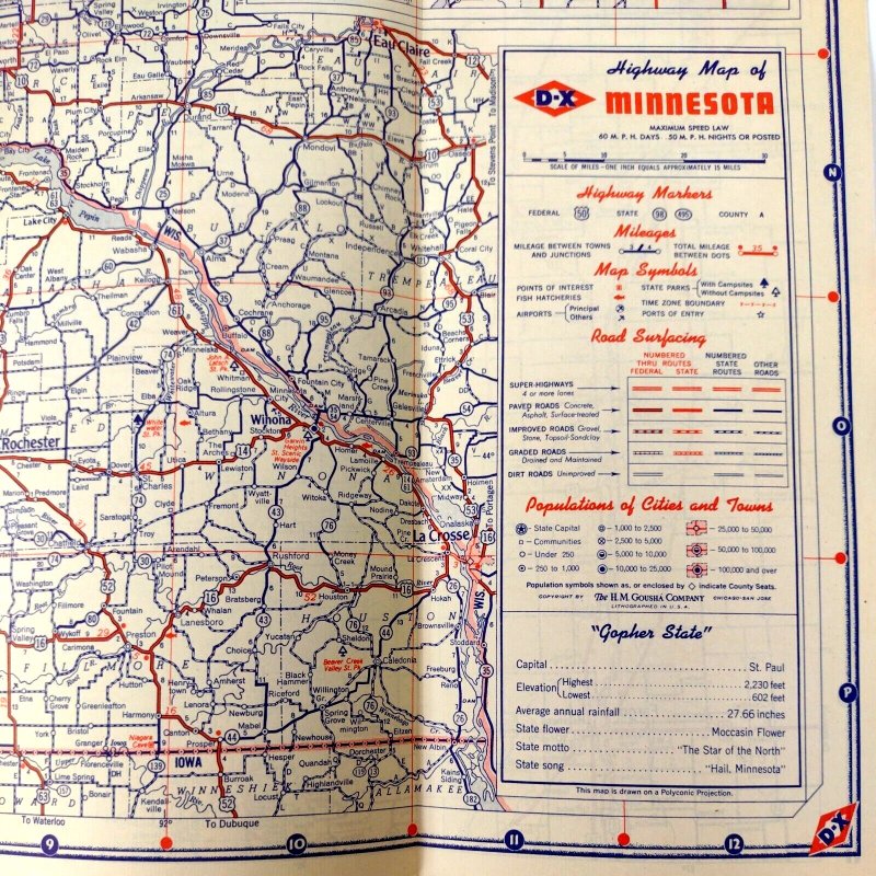 Circa 1940 Minnesota Road Map D-X Mid-Continent Petroleum Corporation