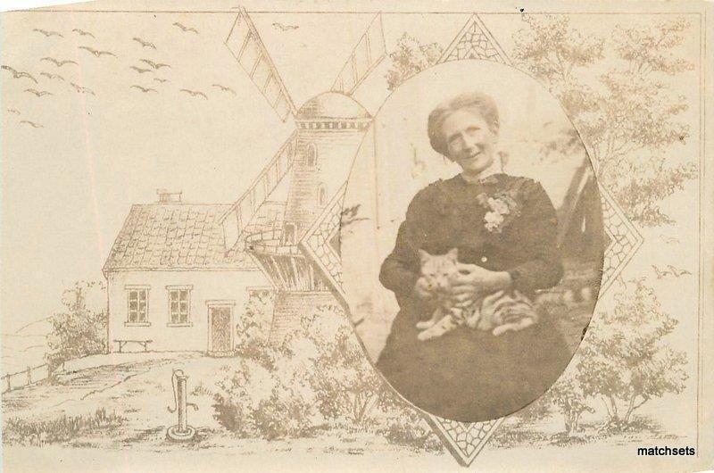 Artsy Frame Windmill Border Woman Cat C-1910 postcard 6046