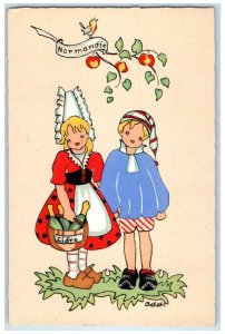 c1930's Dutch Boy And Girl Normandie With Basket Cidre France Vintage Postcard