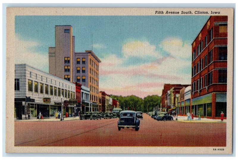 Fifth Avenue Street View Cars Shops South Clinton Iowa IA Vintage Postcard 