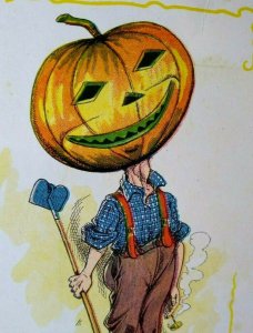 Halloween Postcard Farmboy Goblin Man Fantasy Pumpkin Head In Suspenders Farm 