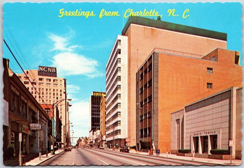 Downtown Charlotte North Carolina NC Tryon Street Buildings Stores Postcard
