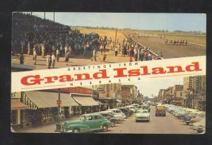 GREETINGS FROM GRAND ISLAND NEBRASKA HORSE RACING OLD CARS POSTCARD