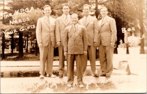 Real Photo Postcard The Y.P.C.A. Needs Your Gifts Group of Men Standing Together