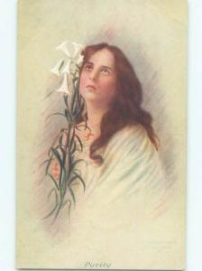 Pre-Linen religious PRETTY WOMAN WEARING CROSS HAS HER PURITY AB7831