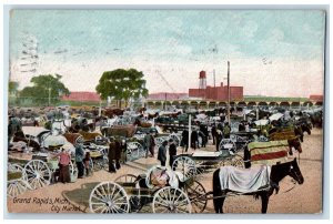 1907 Horse Carriage City Market Grand Rapids MI Posted Antique Postcard 