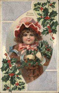 Christmas Cute Little Girl in Bonnet with Holly c1910 Vintage Postcard