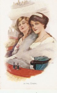 Two pretty ladies. In the Opera Old vintage German, artist drawn, postcard