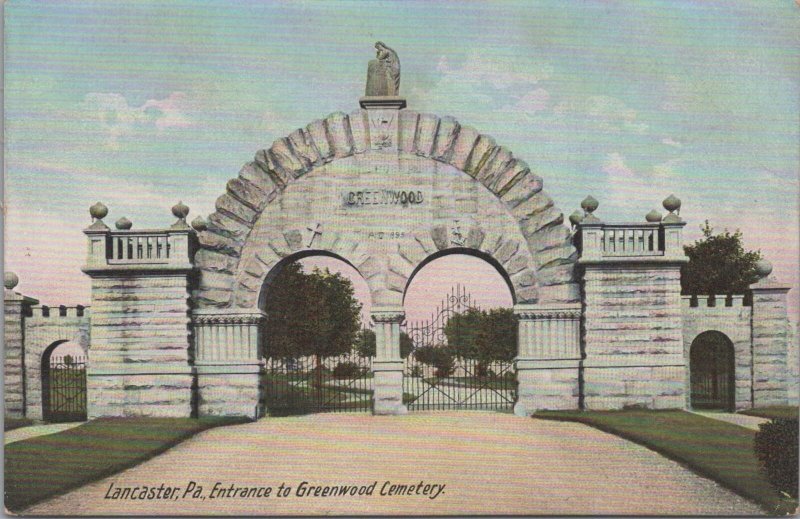 Postcard Entrance to Greenwood Cemetery Lancaster PA