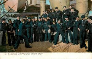 c1908 Postcard IPC Co 94-4; US Navy Sailors Life, Fencing Aboard Ship, posted