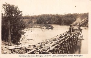 Muskegon River Michigan Oxbow Dam Building Railroad Bridge Real Photo PC AA71947