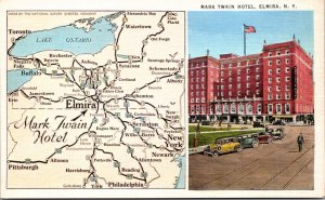 Linen Postcard Mark Twain Hotel and Map of Elmira, New York