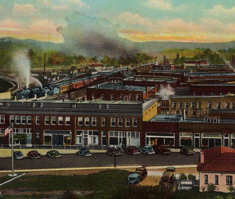c.1951 Bird's Eye View Corbin Kentucky Postcard KY Train Downtown Flag Cars