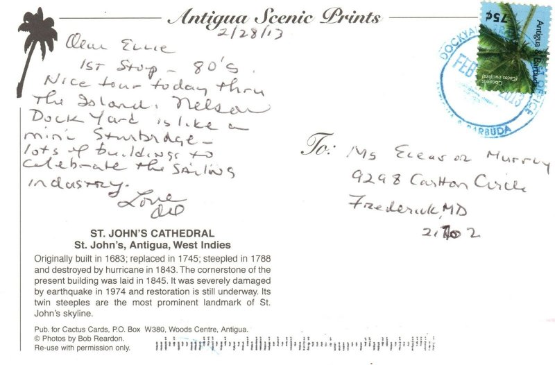Postcard Historic St John's Cathedral Restored Parish Church Antigua West Indies