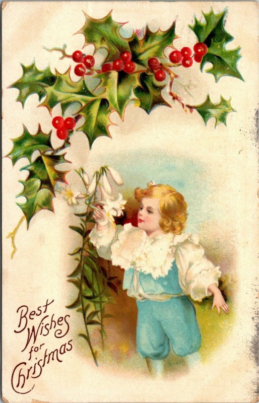 Best Wishes Christmas - KIDS CHILDREN - HOLLY FLOWERS - POSTCARD PC POSTED