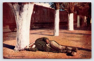 The Last Passenger WWI Injured Soldier? Train in Background, Antique Postcard P4