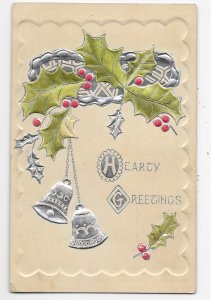 Hearty Greetings Silver Bells Holly Leaves and Berries Embossed