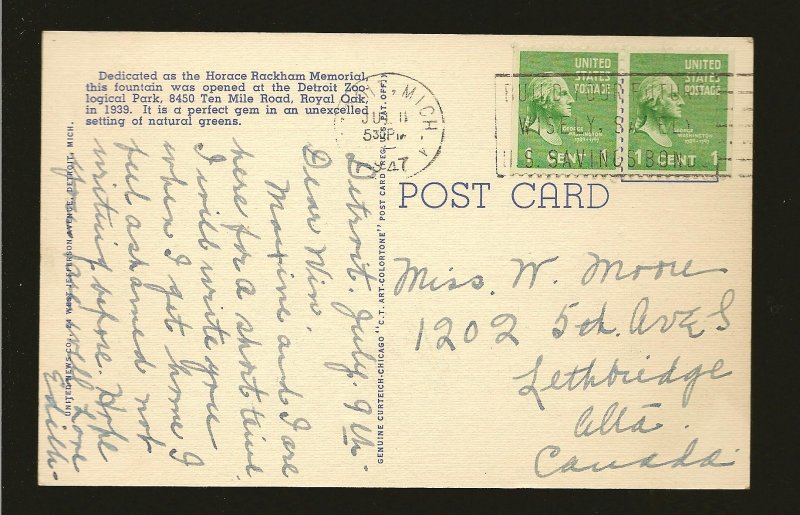 USA Postmark 1947 Detroit Mich Memorial Fountain Zoo Park Linen Postcard