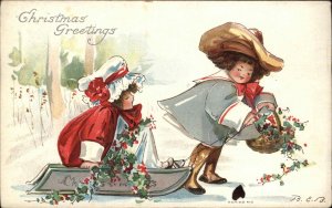 B.E.B. Christmas Cute Children Old Fashioned Sled Sledding c1910 Postcard