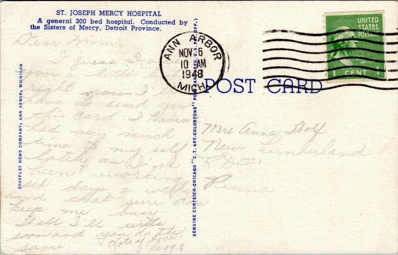 postcard  St. Joseph's Mercy Hospital, Ann Arbor, Michigan