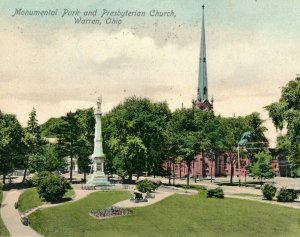 C.1900 Monumental Park & Presbyterian Church Warren, Ohio vintage Postcard P33