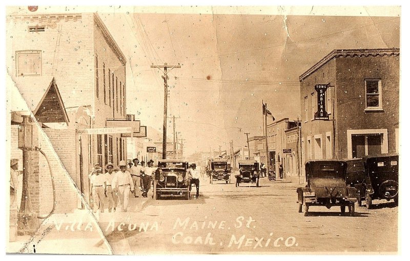 Via Acuna Maine Street Coah Mexico Old Cars Street Scene RPPC Postcard