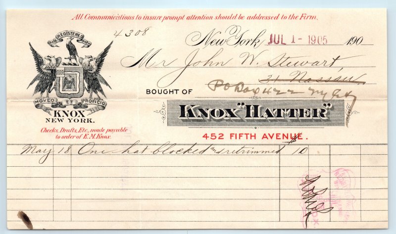 Knox Hatter NY New York Billhead