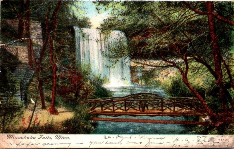 Minnesota Minneapolis Minnehaha Falls Showing Rustic Bridge 1907