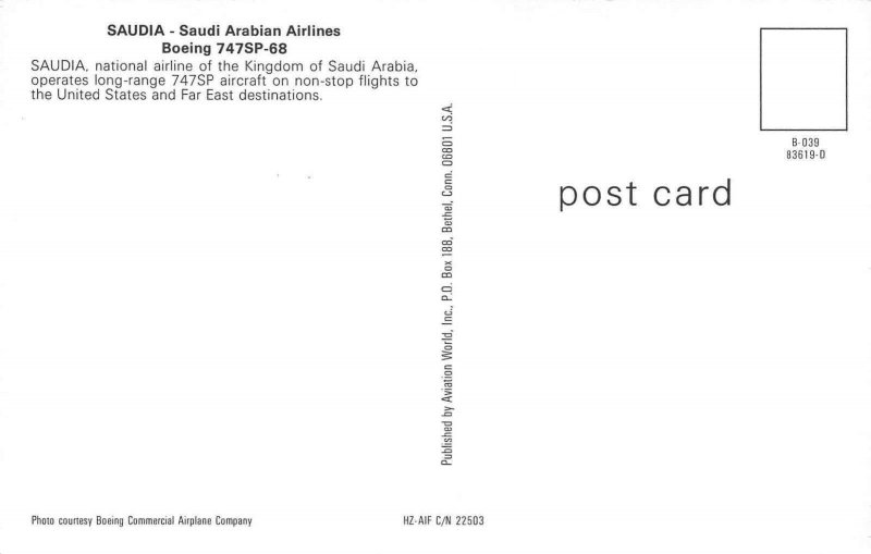 SAUDIA Arabian Airlines Boeing 747SP-68  Airplane Postcard
