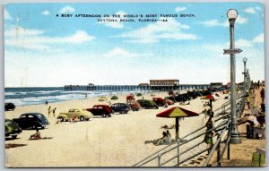Vtg Daytona Beach Florida FL Old Cars on Beach Boardwalk 1940s View Postcard