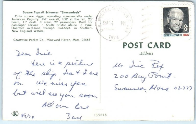 Postcard - Shenandoah, Coastwise Packet Co. - Vineyard Haven, Massachusetts