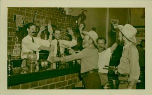 Cowboy Western Interior 1940s Staged Mock Bar hold up RPPC Photo Postcard 8873