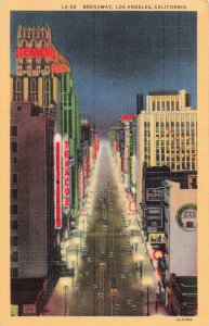 CA Los Angeles California-Broadway at Night-Vintage Linen 1931 Postcard C22