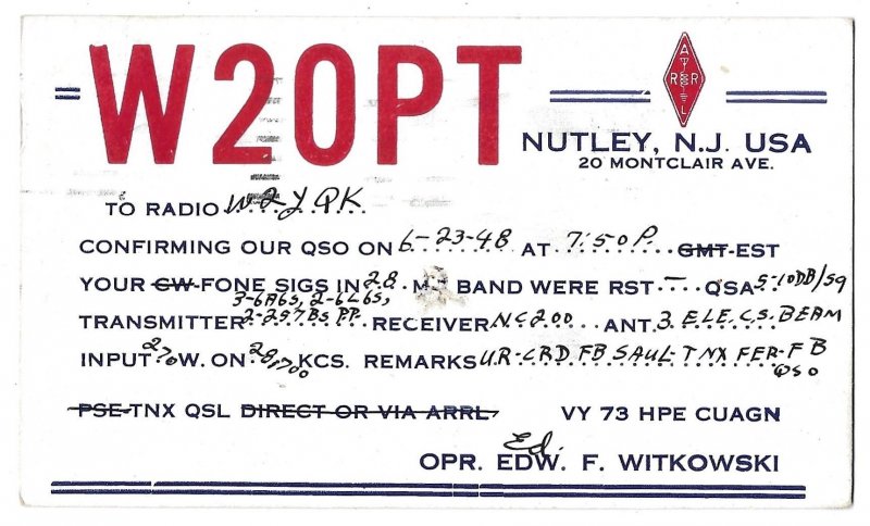 Nutley, New Jersey W20PT QSL Card, Mailed 1942, Scott 804 US Bonds Slogan Cancel