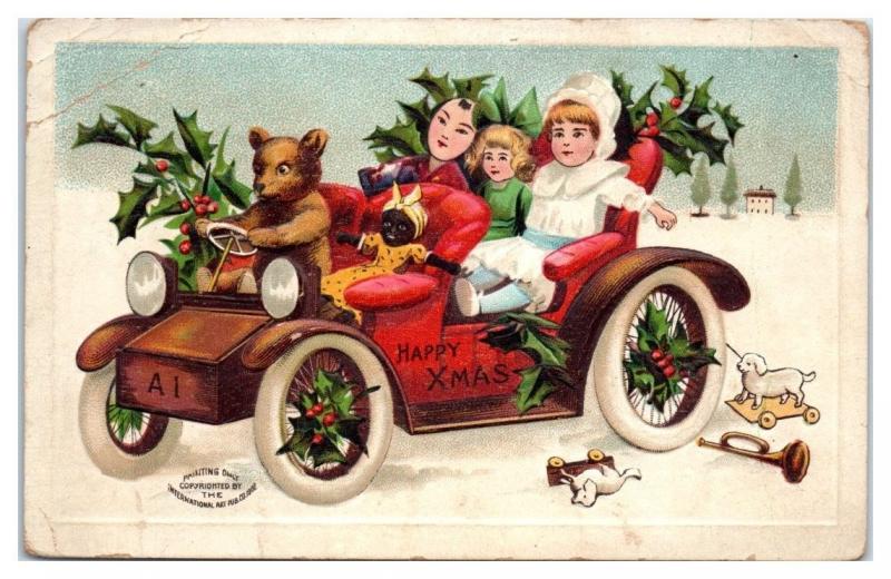 Early 1900s Happy Xmas Bear Driving Car with Black Doll Postcard